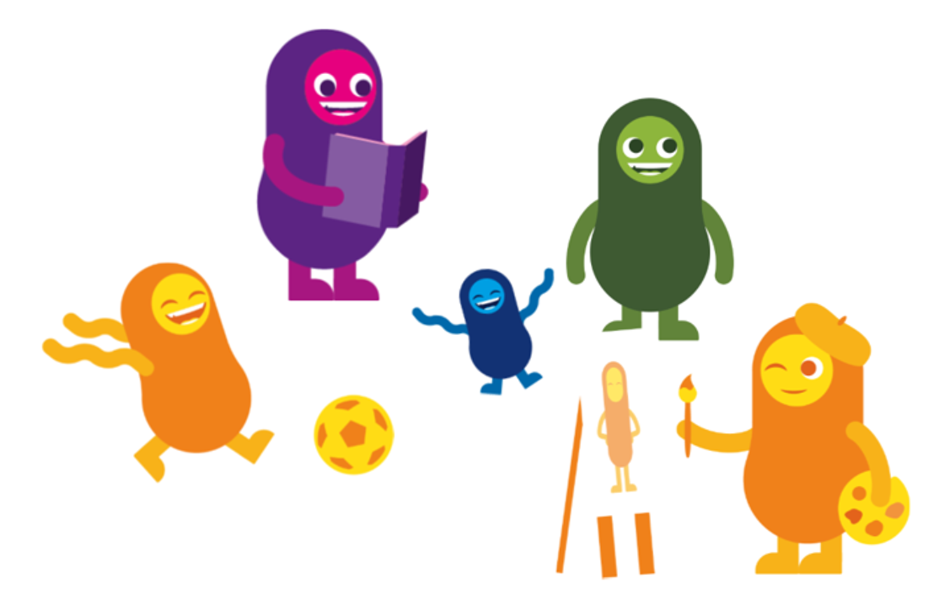 En gruppe fargerike tegneseriefigurer