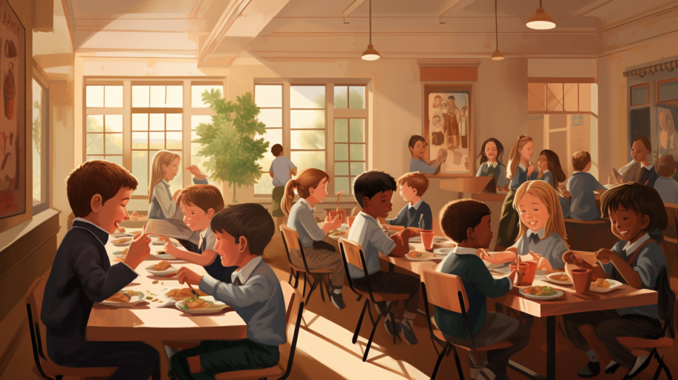 Foto: KI/Midjourney Elever som spiser i klasserommet