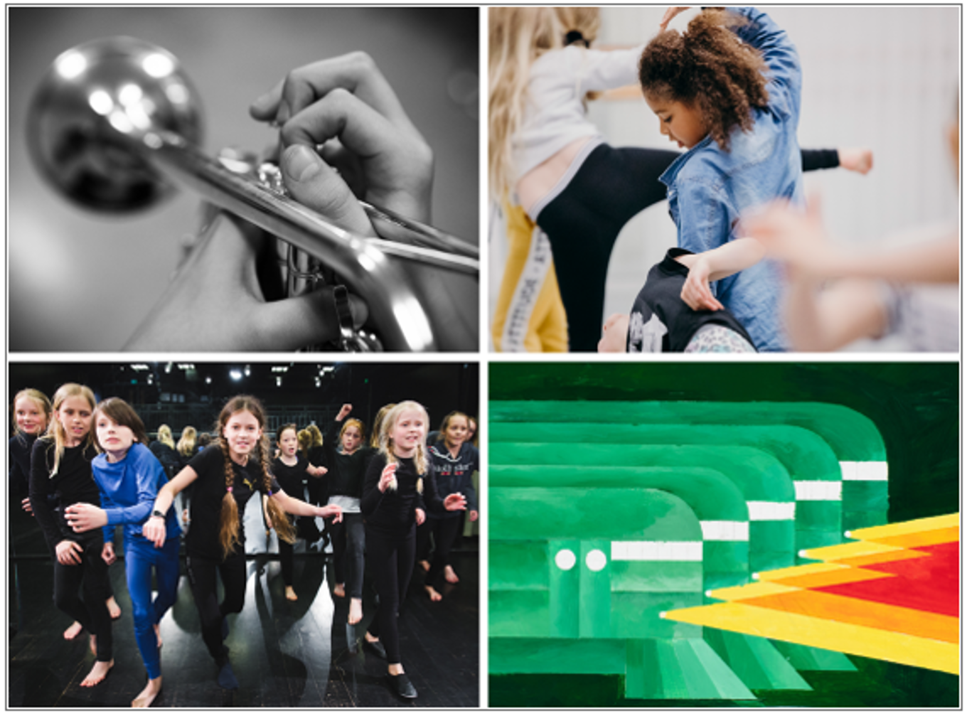 Foto: Kulturskolen/Osloskolen Bildekollasj som viser ulike kulturaktiviteter med barn i hovedfokus
