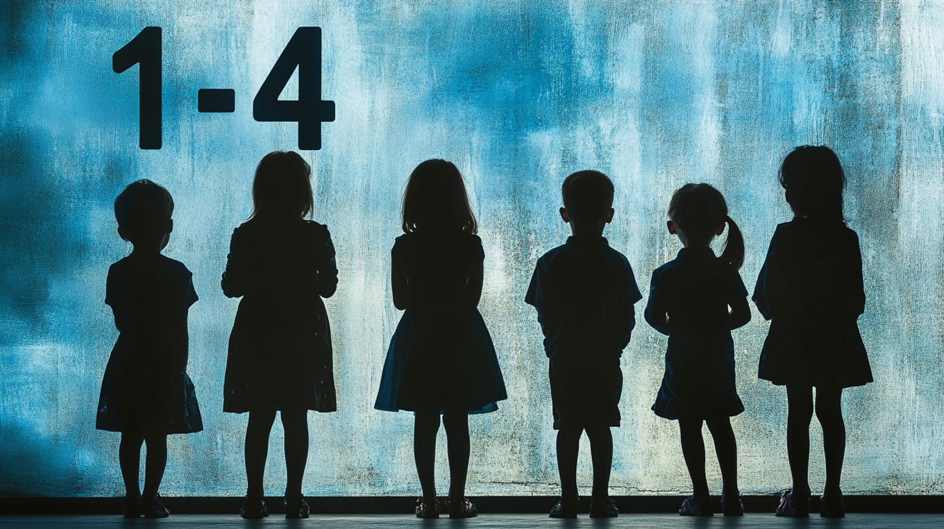 en gruppe barn som står foran en blå bakgrunn