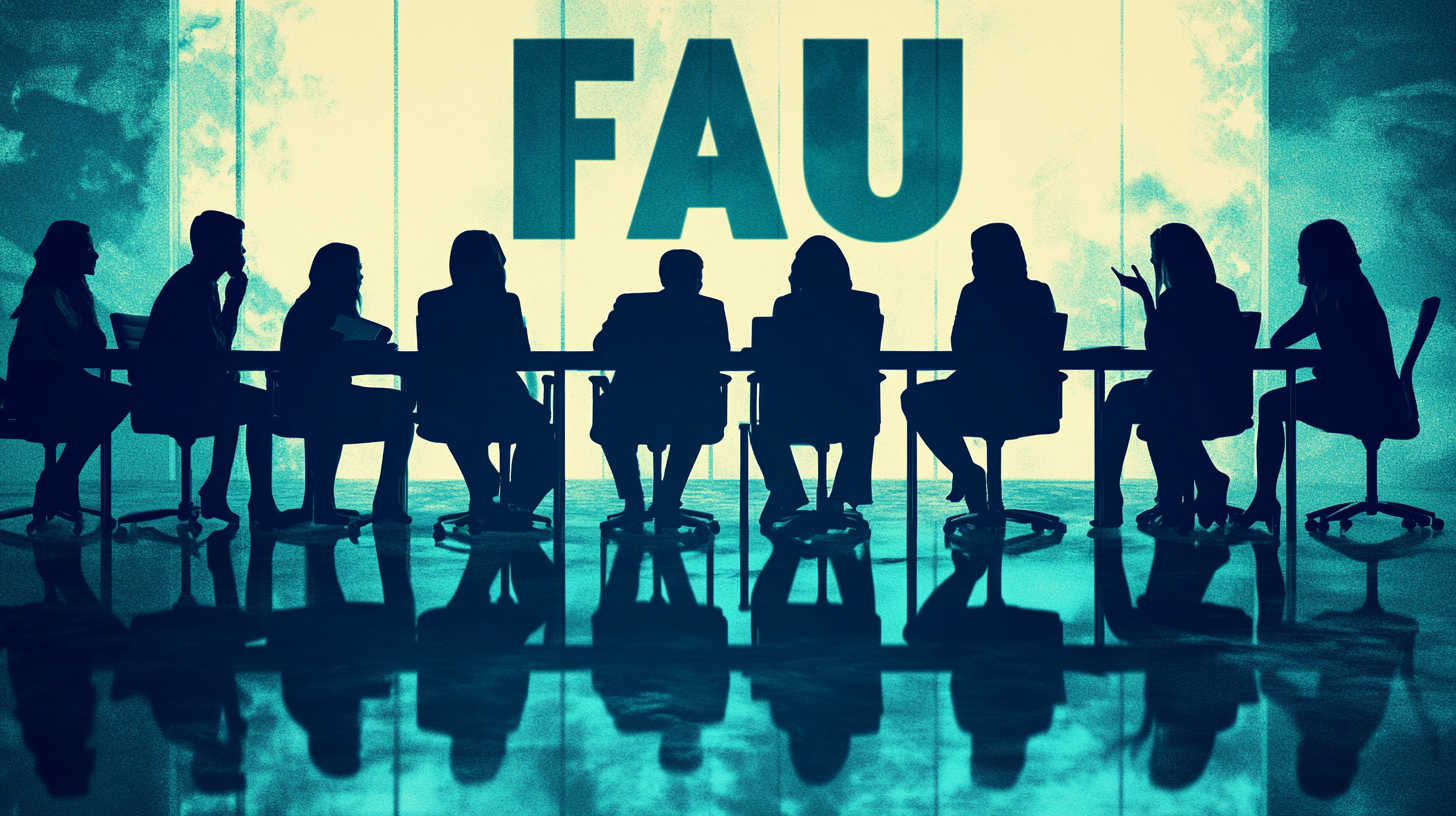 en gruppe mennesker som sitter rundt et møtebord, bokstavene "FAU" står på vinduet over dem