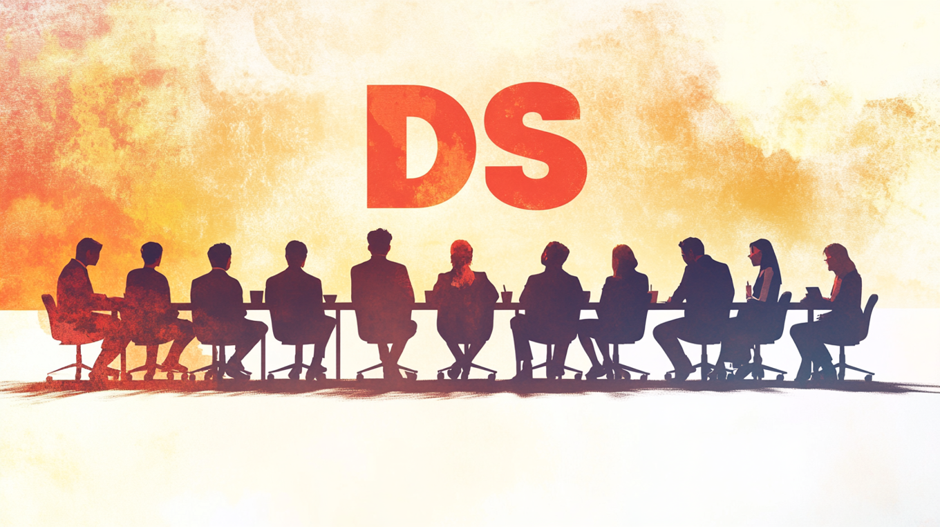 en gruppe mennesker som sitter rundt et møtebord, bokstavene "DS" over